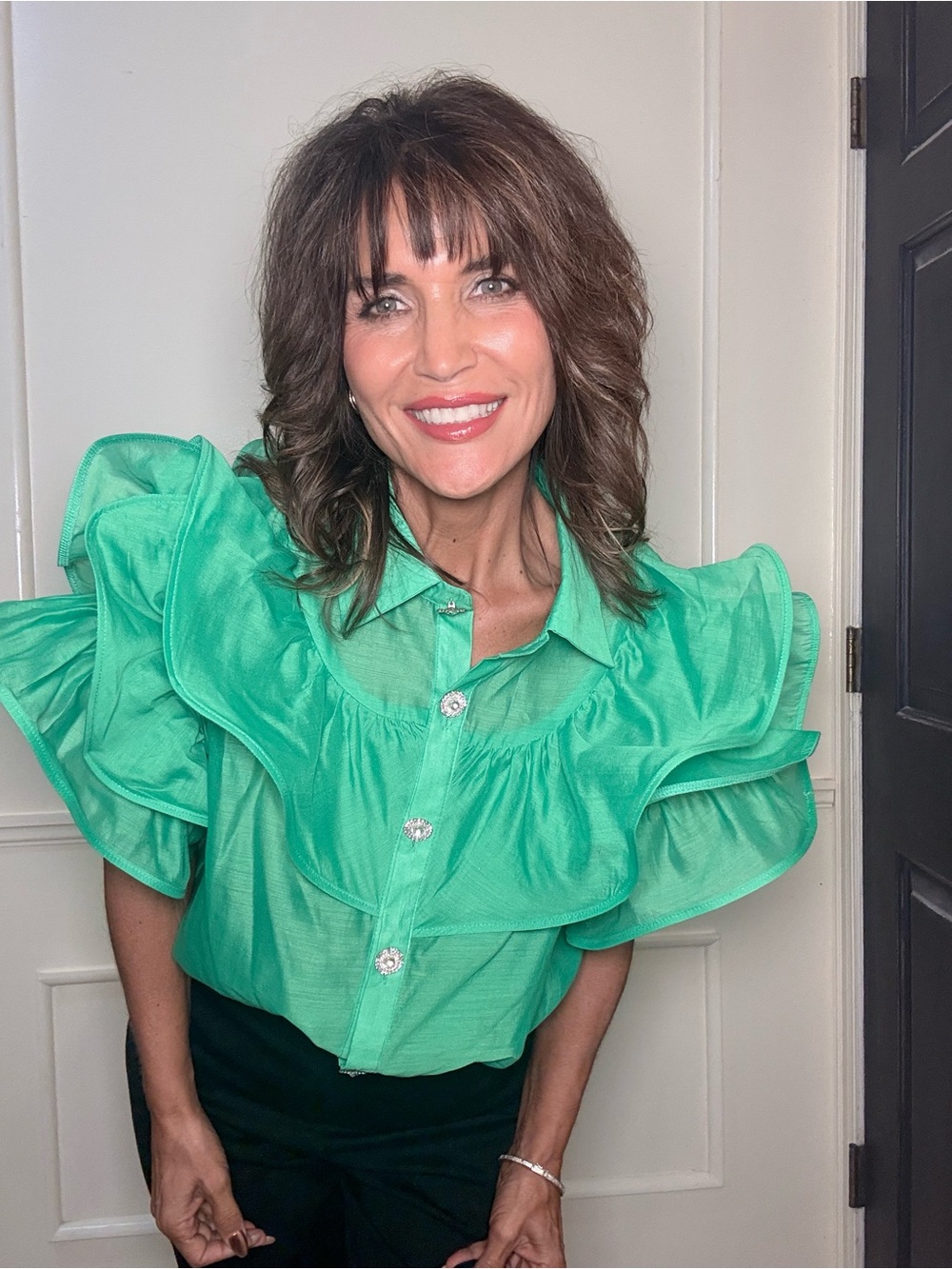 Beulah Style Green Jeweled Button Statement Ruffle Sleeve Blouse M